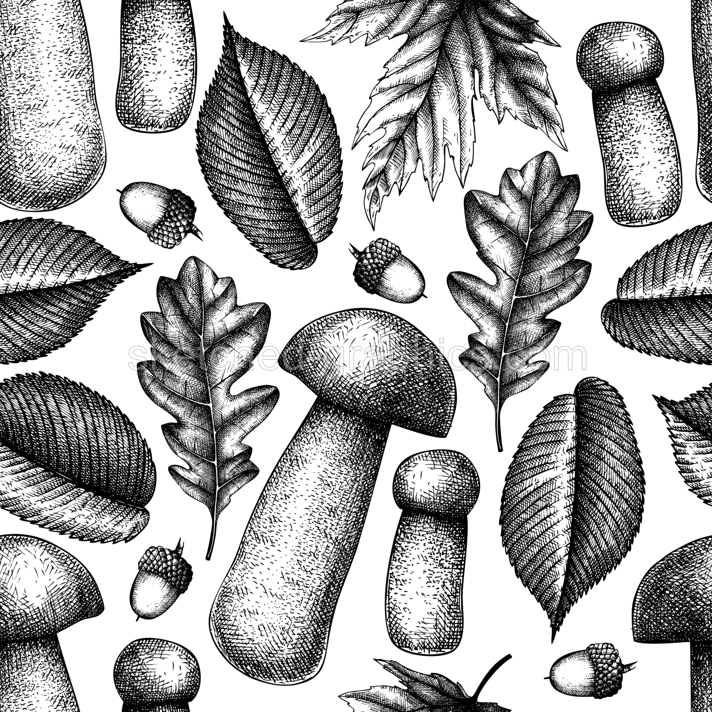 Woodland background. Mushroom seamless pattern. Autumn forest plants sketches. Hand-drawn vector illustration. Botanical design. NOT AI generated. Illustration